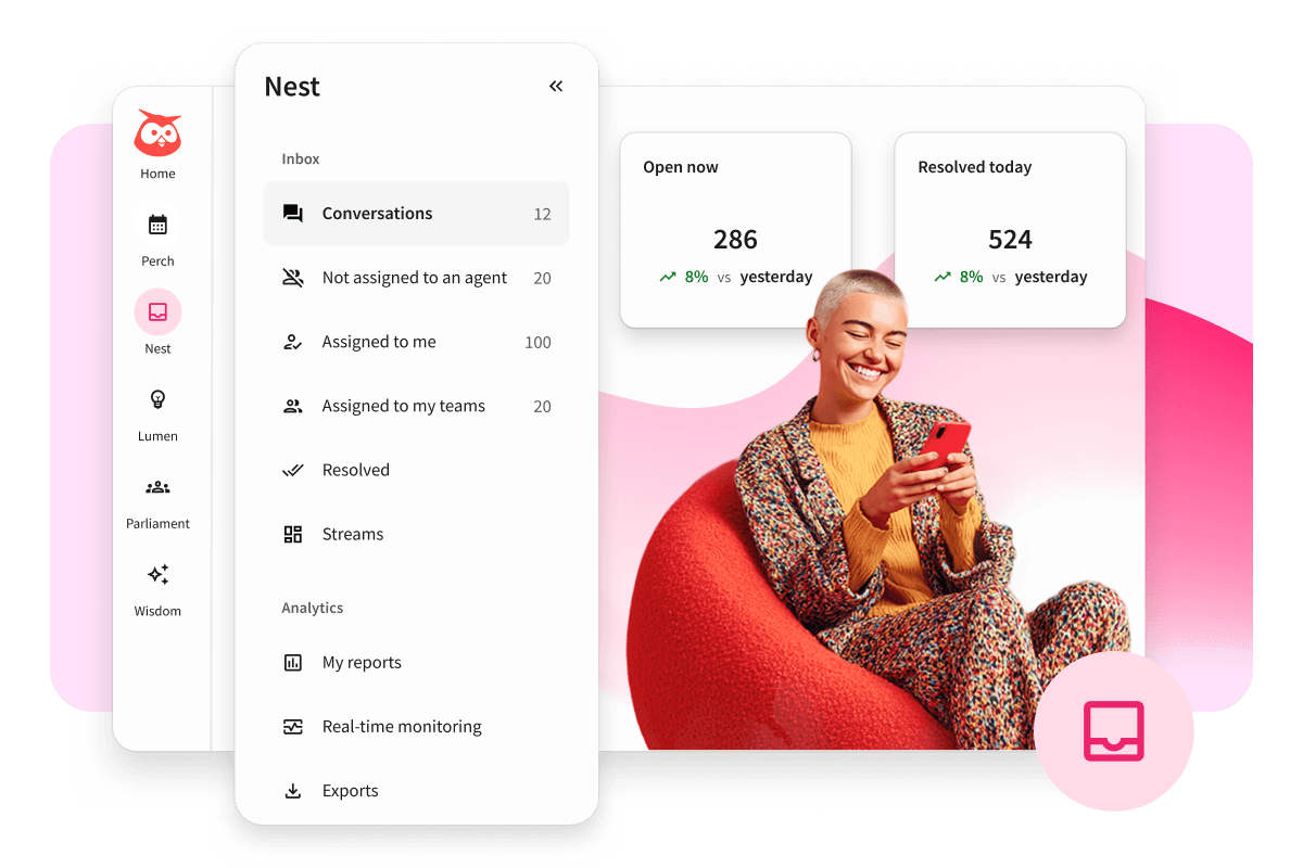 A customer support dashboard UI showing inbox and analytics, alongside a smiling woman on a red chair using a smartphone.