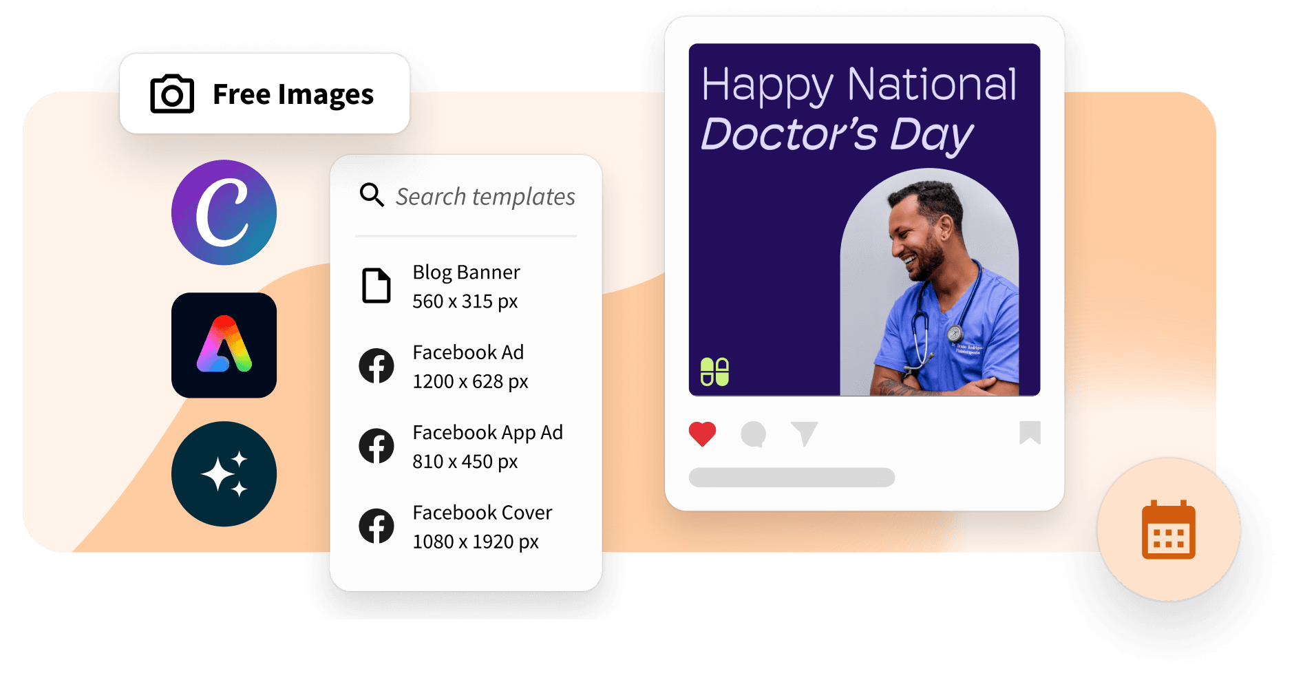 A graphic design tool interface showing template options and a purple National Doctor's Day social media post featuring a smiling doctor.