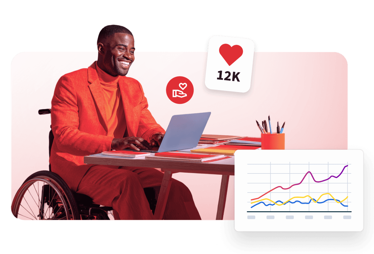 A smiling man in a wheelchair wearing red works on a laptop, with social media icons showing 12K likes and a analytics graph nearby.