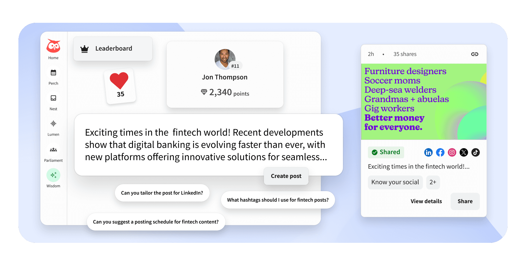 Hootsuite dashboard showing AI post creation, a leaderboard with user Jon Thompson, and a shared social media post preview.