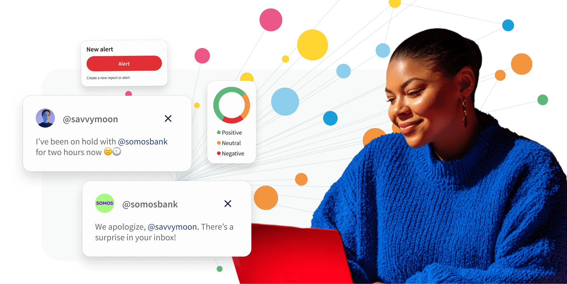 A smiling woman in a blue sweater uses a laptop, surrounded by social media monitoring UI cards and colorful data visualizations.