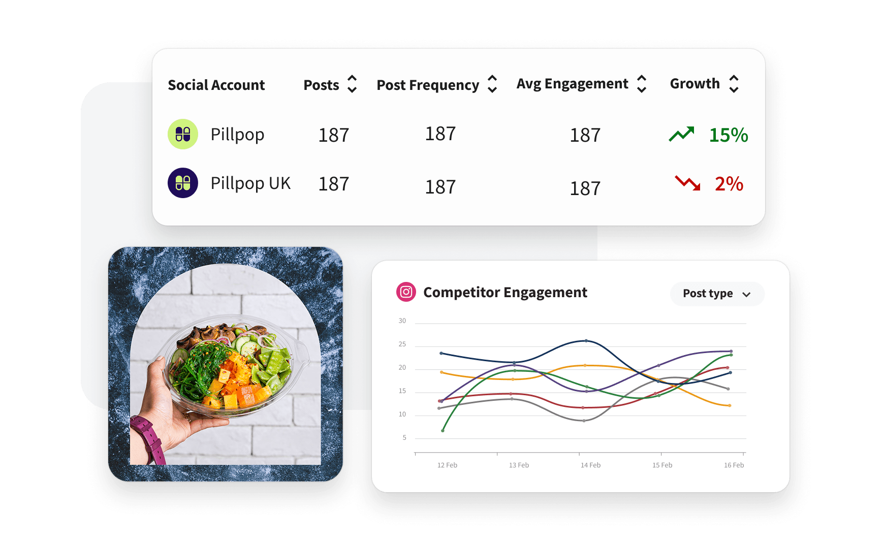 Social media analytics dashboard showing account stats, a colorful salad bowl photo, and a competitor engagement line chart.