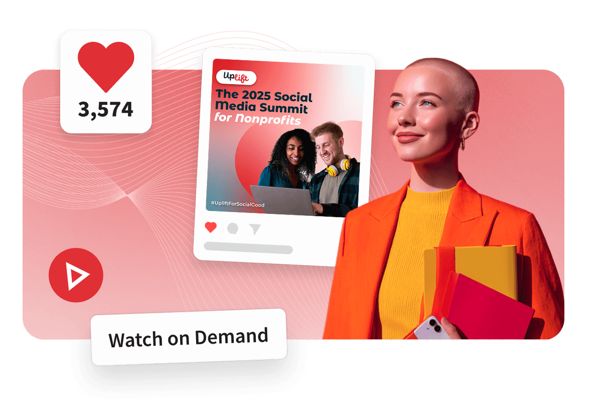 A woman in an orange blazer holds folders beside a social media post for the 2025 Nonprofit Summit with a Watch on Demand button.