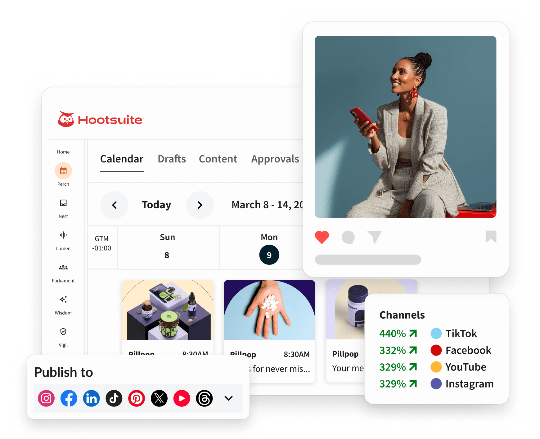 Hootsuite dashboard showing a content calendar, social media publishing options, channel analytics, and a woman holding a phone.