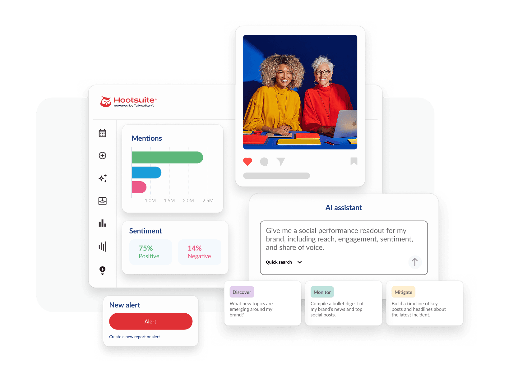 Hootsuite dashboard showing analytics, sentiment data, AI assistant, and a social post with two smiling women in colorful outfits.