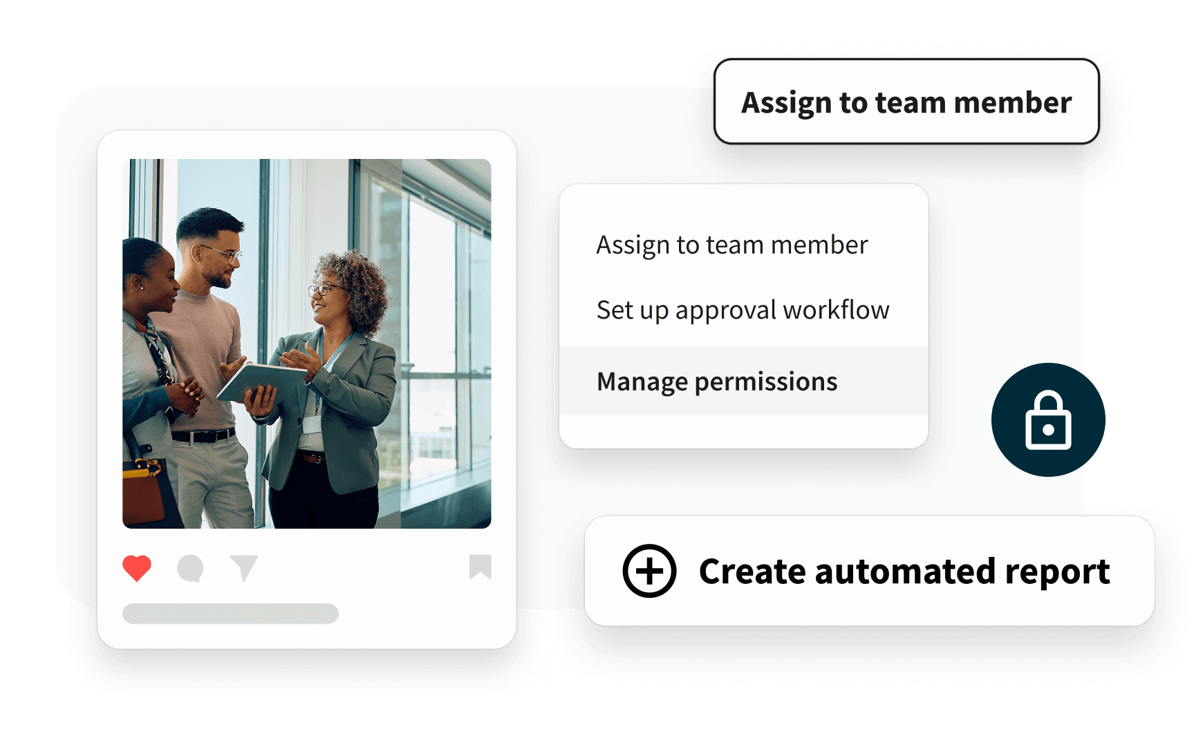 UI graphic showing a social post with three colleagues and options to assign tasks, set workflows, manage permissions, and create reports.