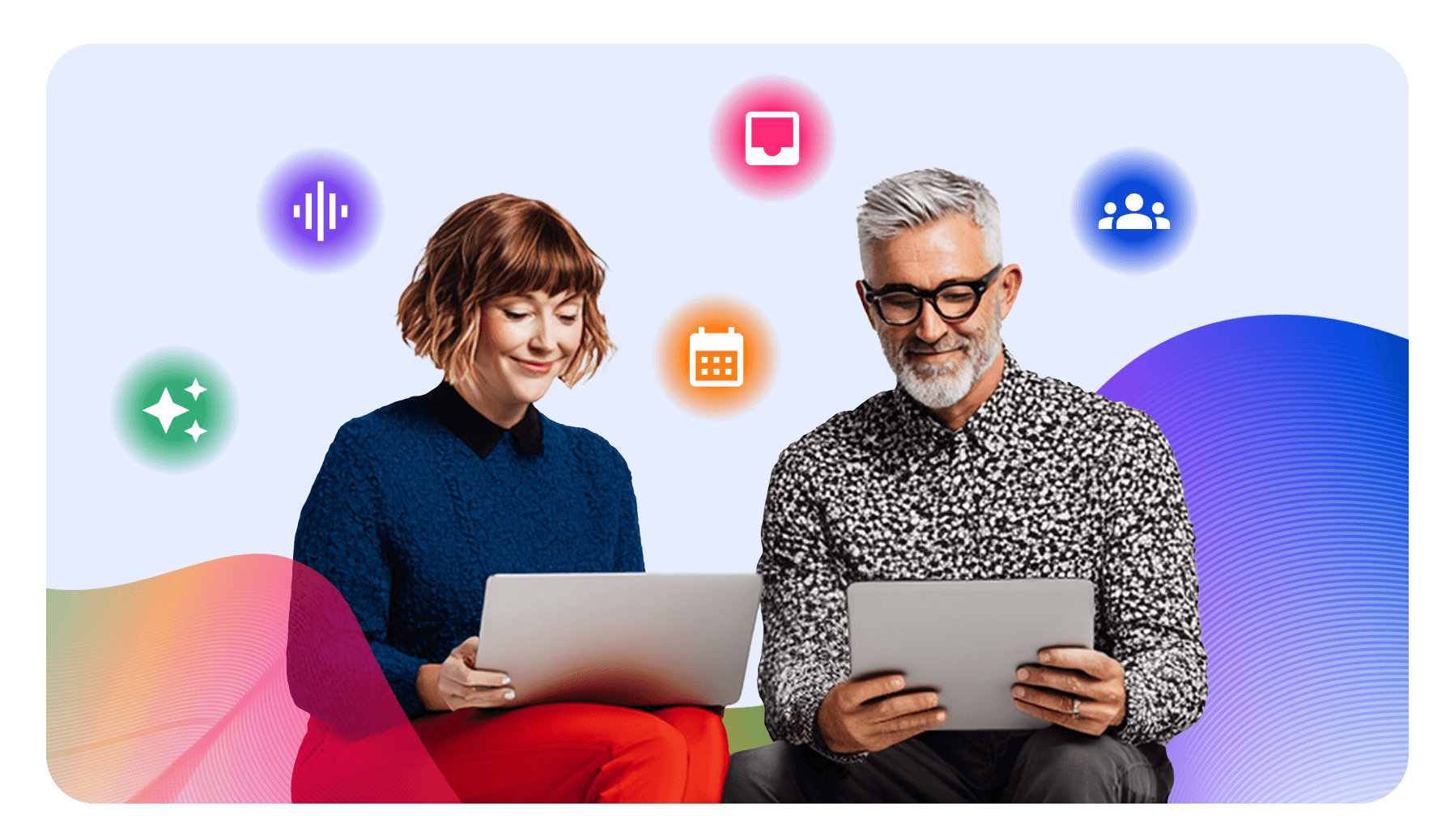 Two colleagues using a laptop and tablet, surrounded by colorful app icons representing ideas, messaging, calendar, and teamwork.