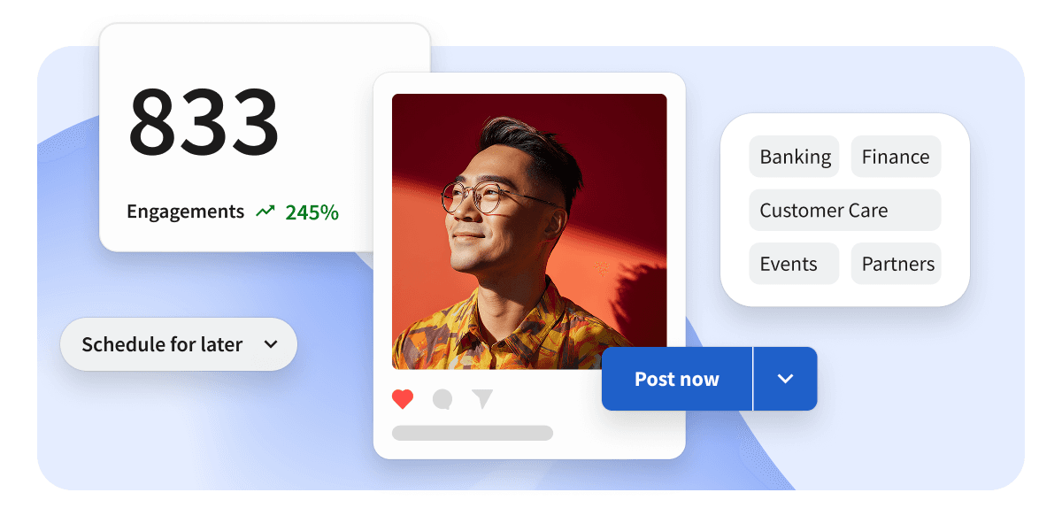 Social media dashboard showing engagement stats of 833 at 245%, a man's profile post, category tags, and Post Now button.