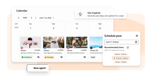 A social media scheduling tool showing a calendar view with posts, a Schedule Post panel with recommended times, and a Get Inspired feature.