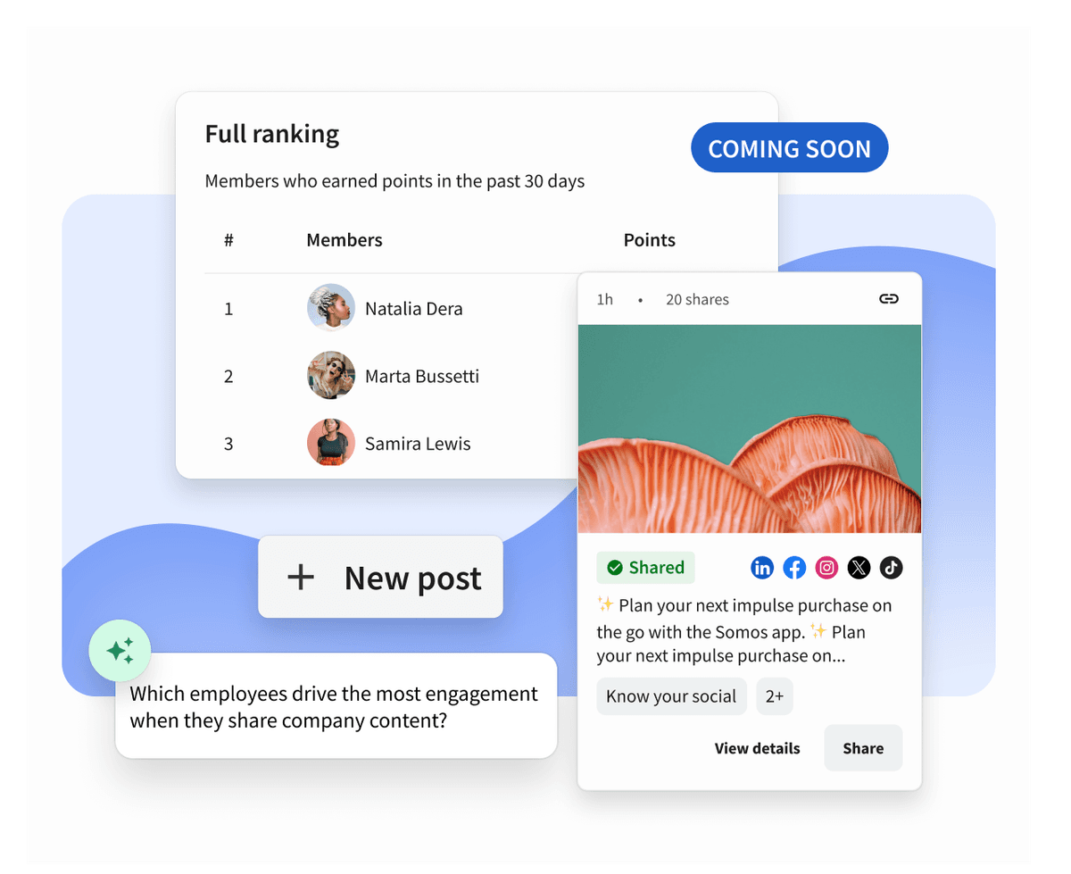 UI screenshot showing a member ranking leaderboard, a new post button, a social sharing card, and a coming soon badge.