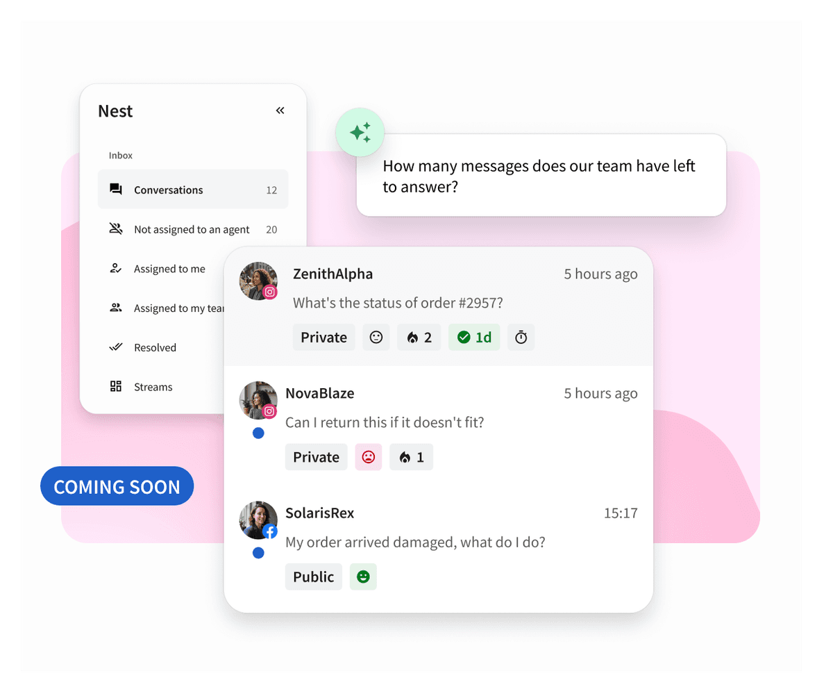 A customer support chat interface showing conversations in a Nest inbox, with a "Coming Soon" label on a pink background.